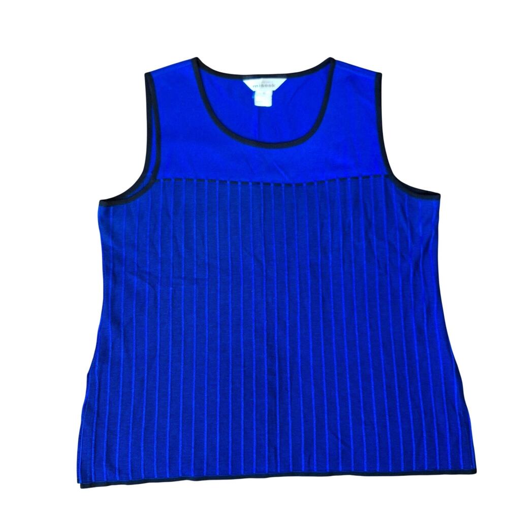 Exclusively Misook XL Royal Blue Pleated Knit Tank Top Shell Black Trim Korea